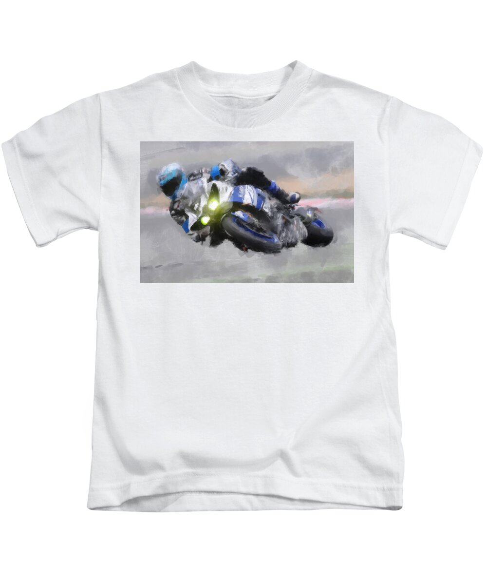 Motorcycle Kids T-Shirt featuring the painting Motorcycle Racer by Gary Arnold