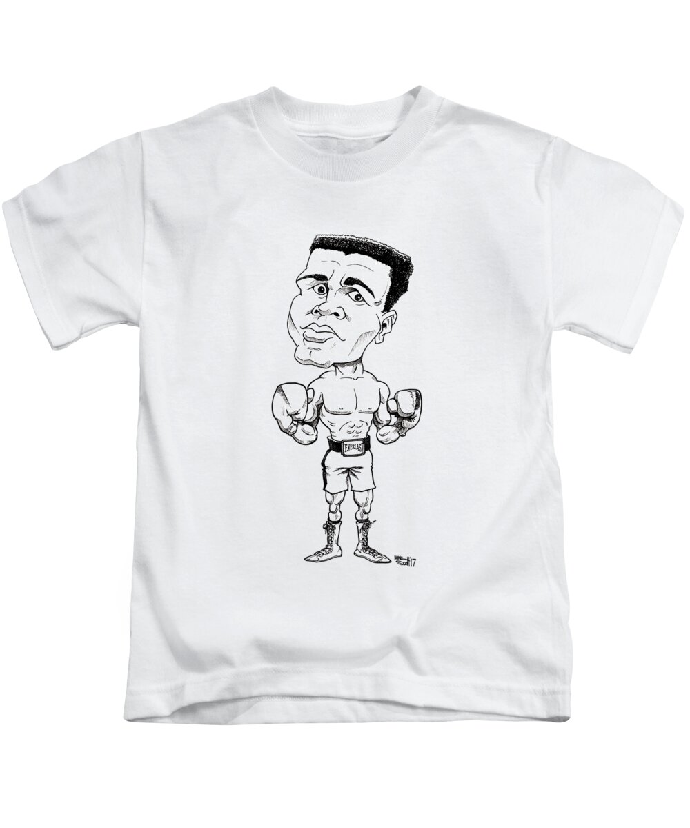 Cartoon Kids T-Shirt featuring the drawing Muhammad Ali, line drawing by Mike Scott