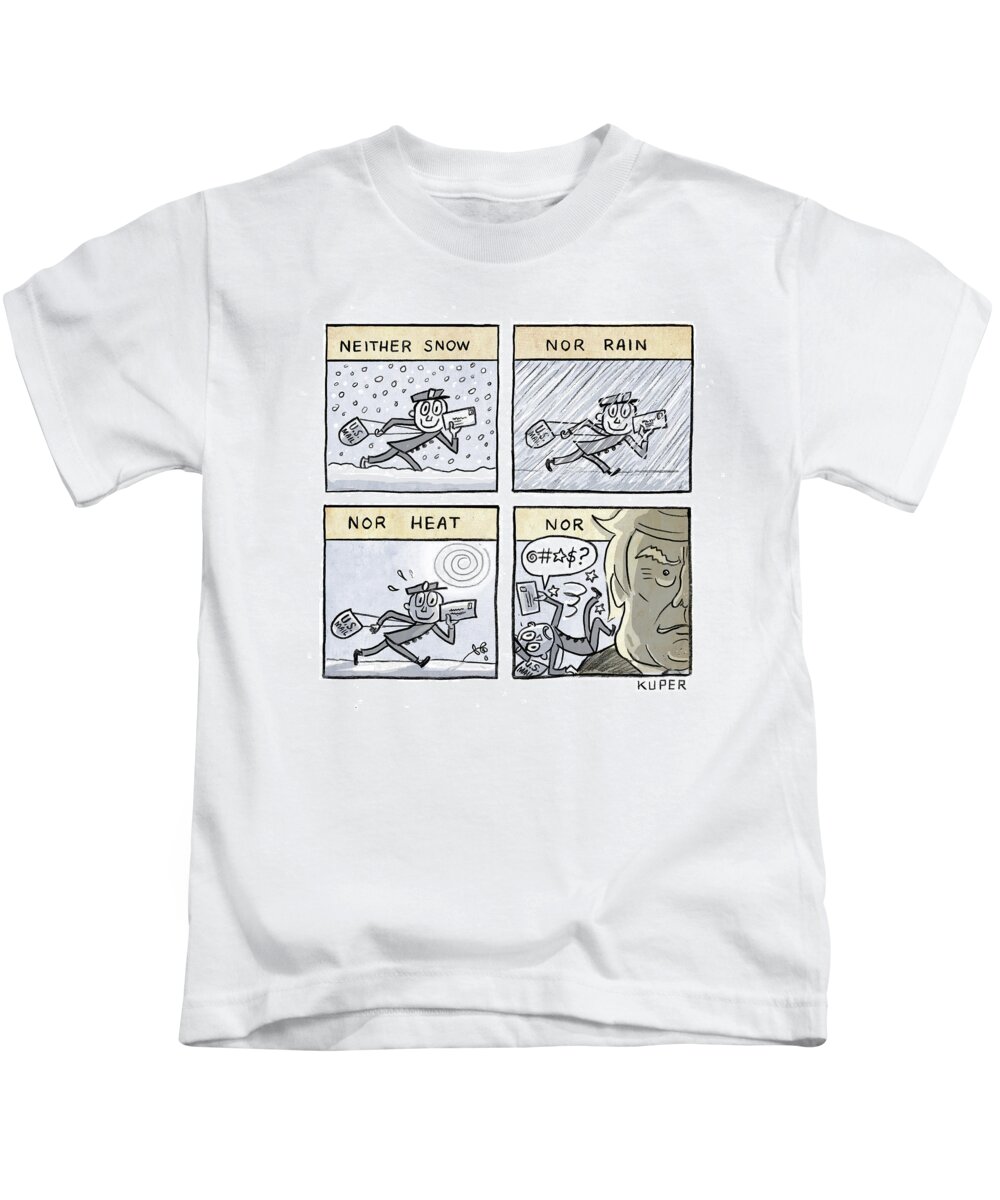 Captionless Kids T-Shirt featuring the drawing Neither Snow Nor Rain by Peter Kuper
