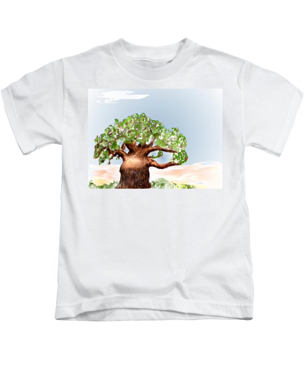 Baobab Tree Soft Landscaping Pencil Sketched Computer Colored Kids T-Shirt featuring the mixed media New life from old by Pamela Calhoun