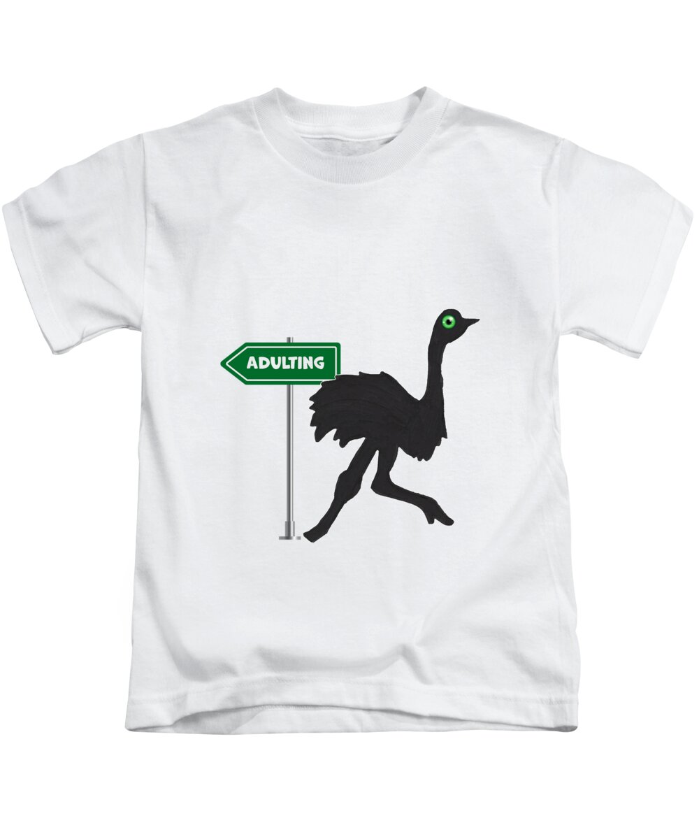 Adulting Kids T-Shirt featuring the mixed media No Adulting Today Ostrich Humorous Design by Ali Baucom