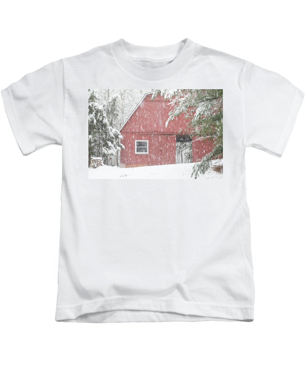 2017 Kids T-Shirt featuring the photograph Open Door Barn in Snow by Charles Floyd
