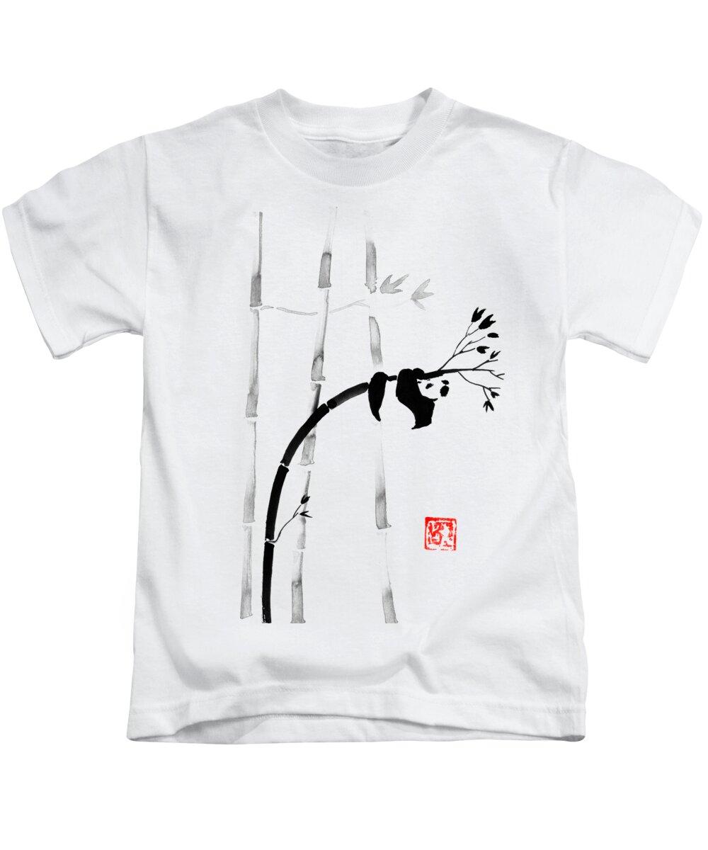 Panda Kids T-Shirt featuring the drawing Panda On Bamboo by Pechane Sumie