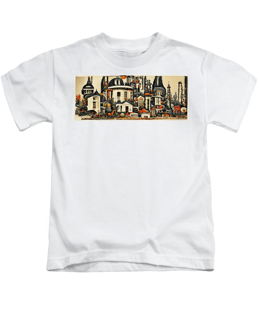 Paris Skyline In The Style Of Charles Wysocki Décor Kids T-Shirt featuring the painting Paris Skyline in the style of Charles Wysocki q 732064504369 bb6645 64579a b645b3 64564 by Celestial Images
