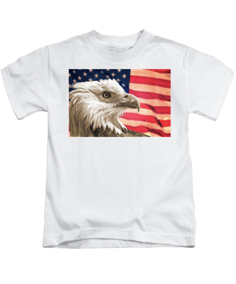Bald Eagle Kids T-Shirt featuring the photograph Patriot, Bald eagle and american US flag by Delphimages Flag Creations