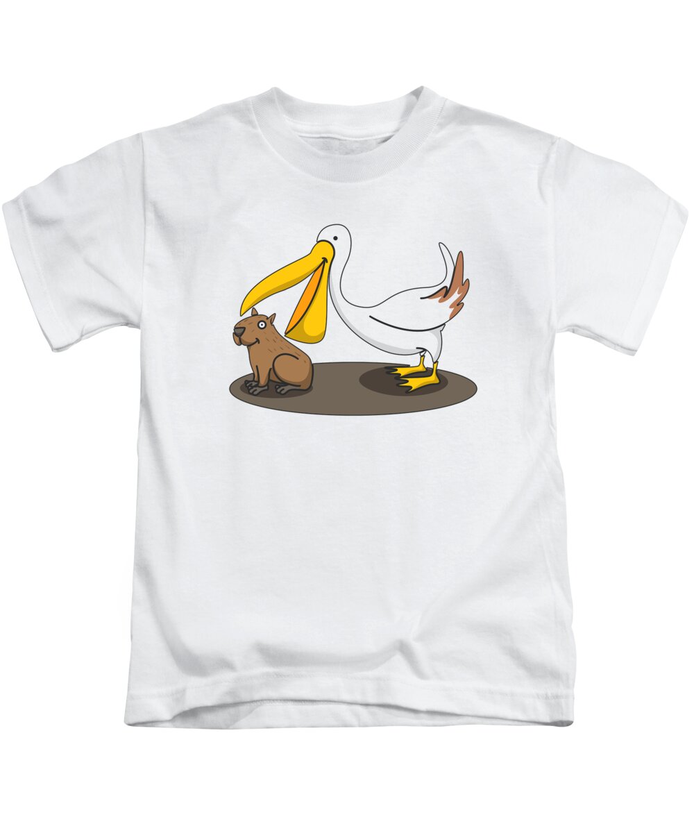 Cute Capybara Kids T-Shirt featuring the digital art Pelican Trying To Eat Capybara Wildlife by Toms Tee Store