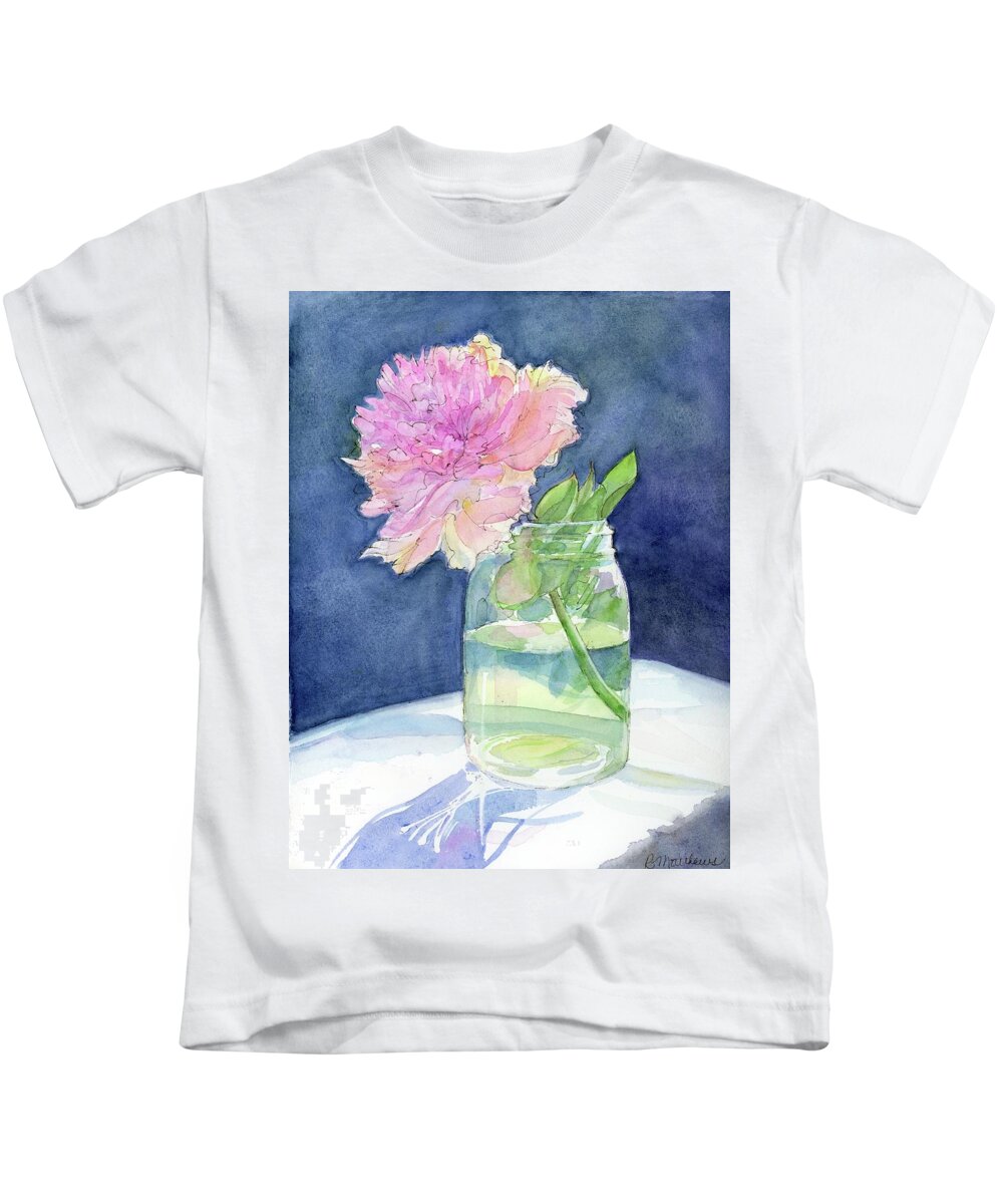 Watercolor Paintings Kids T-Shirt featuring the painting Peony in a jar by Rebecca Matthews