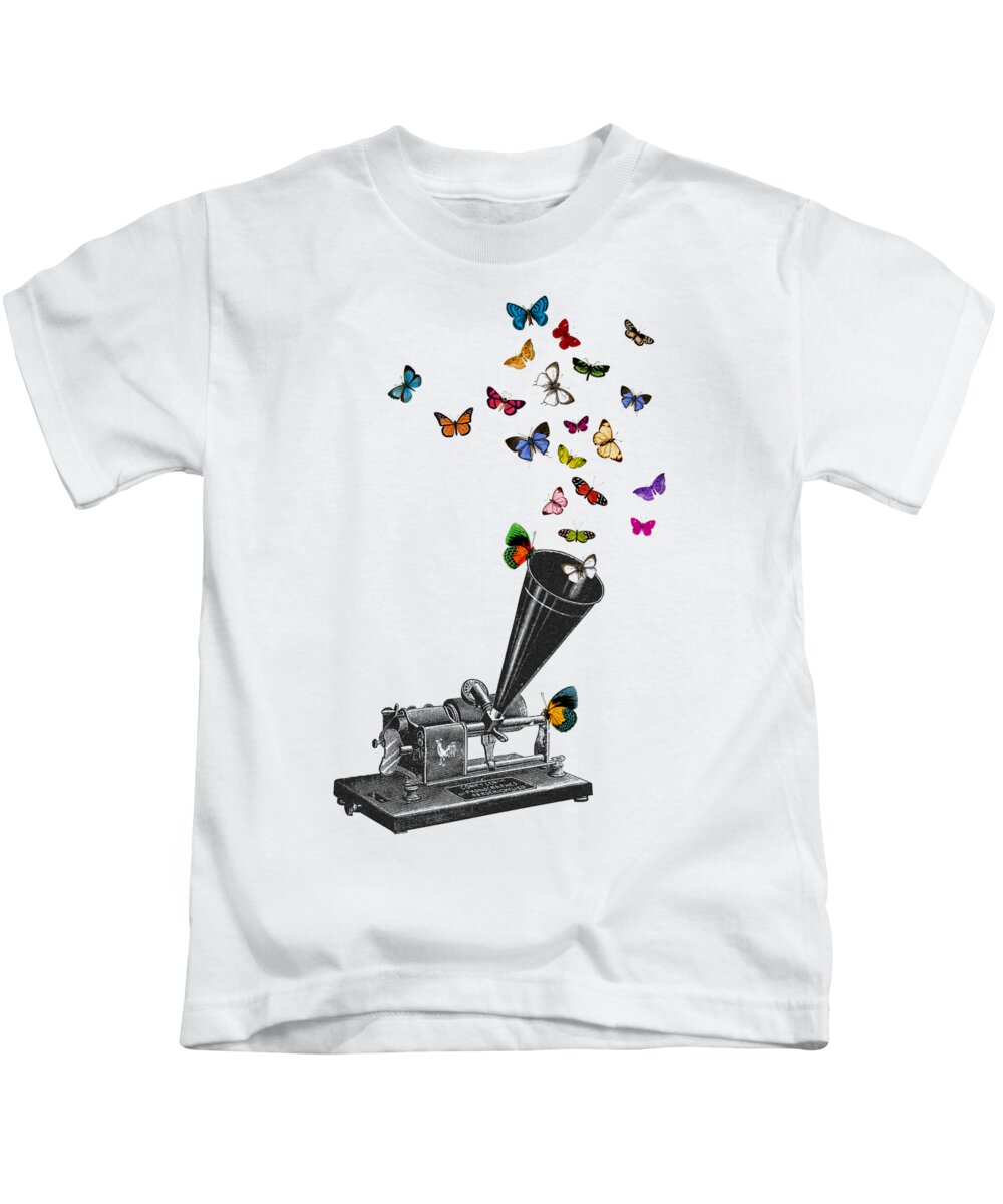 Phonograph Kids T-Shirt featuring the digital art Phonograph With Butterflies by Madame Memento