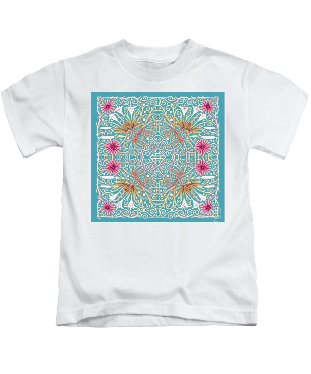 Lise Winne Kids T-Shirt featuring the mixed media Pink and White Flowers Intertwined Into a Lace and Turquoise Background by Lise Winne