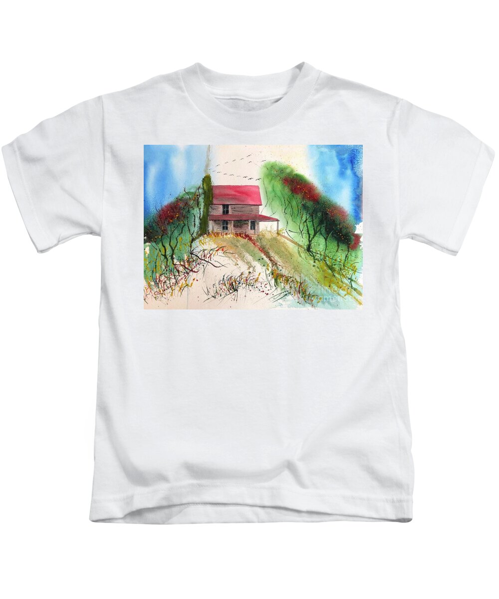 Farm Kids T-Shirt featuring the painting Poindexter 1908 Ancestral Homested and Farm ar Smith Mountain Lake in Virginia by Catherine Ludwig Donleycott