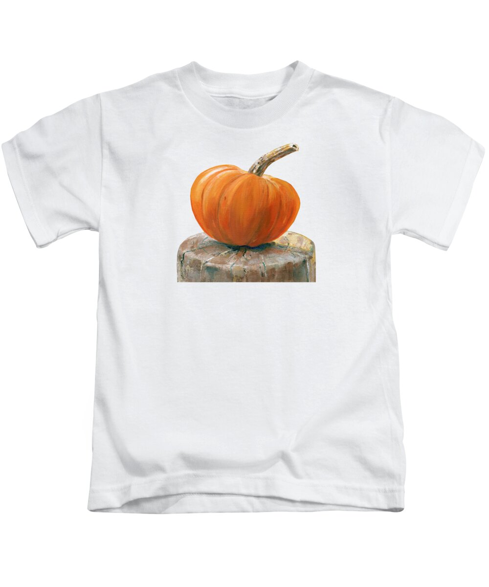 Pumpkin Kids T-Shirt featuring the painting Pumpkin Perch - transparent by Annie Troe