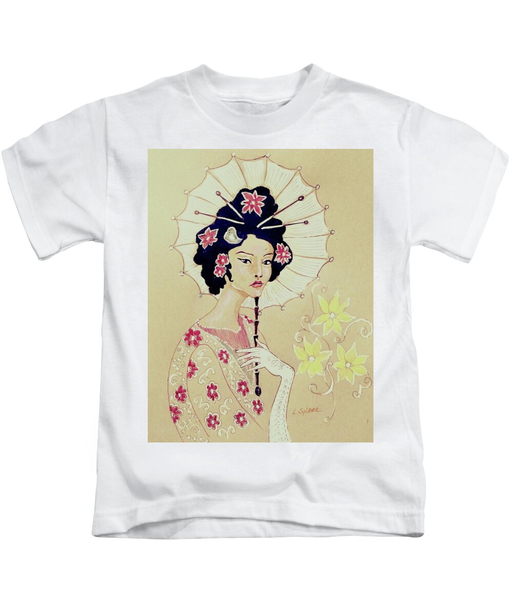 Geisha Kids T-Shirt featuring the drawing Real beauty by Lana Sylber