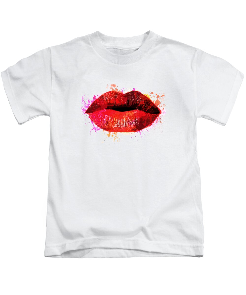 Lips Kids T-Shirt featuring the painting Red Kiss, sexy lips by Delphimages Photo Creations