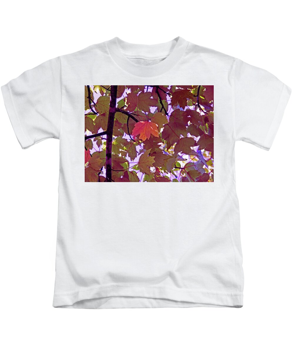 Memphis Kids T-Shirt featuring the digital art Red Leaves On Purple by David Desautel