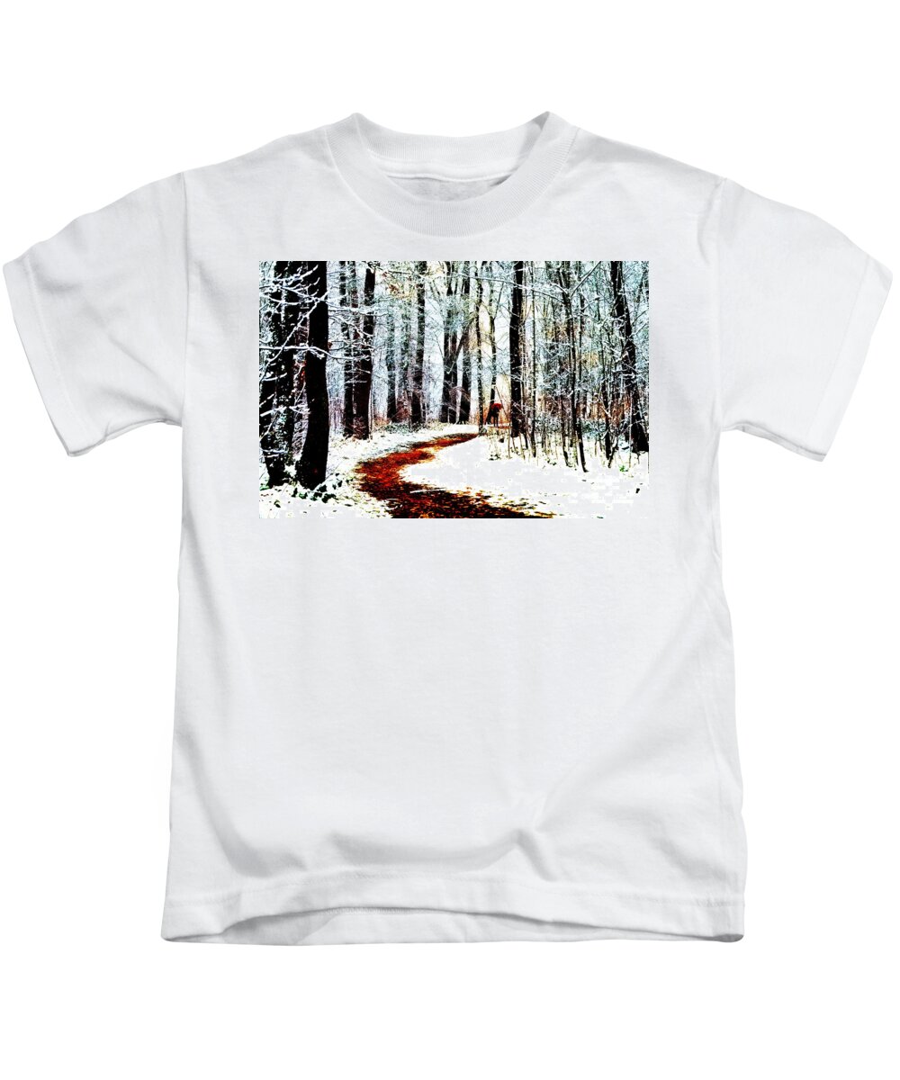 Umbrella Kids T-Shirt featuring the photograph Red umbrella in the forest by Chris Bee