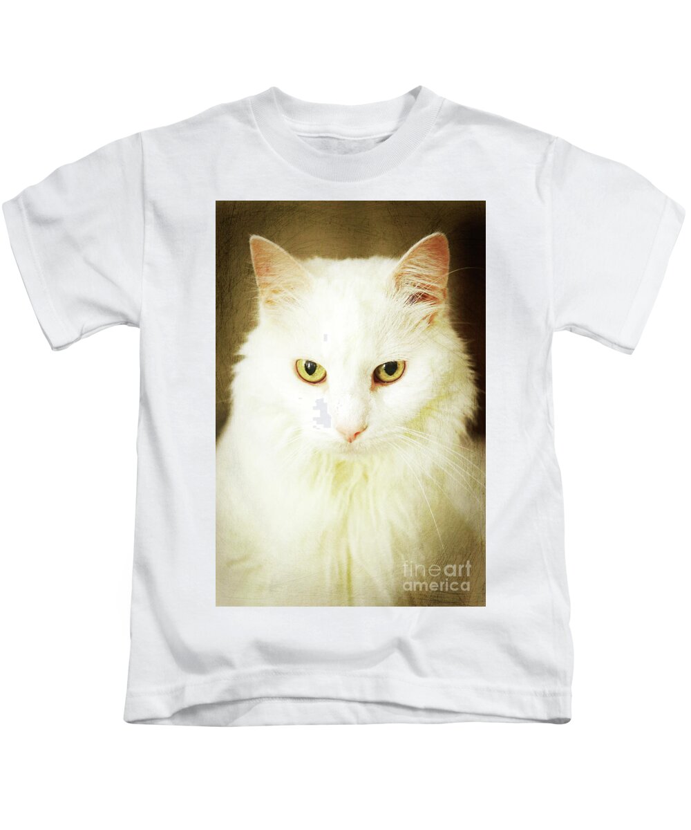 Cat; Kitten; White; White Cat; Gold; Brown; Yellow; Yellow Eyes; Cat Eyes; Kitten Eyes; Close-up; Photography; Portrait; Kids T-Shirt featuring the photograph Renaissance Cat by Tina Uihlein