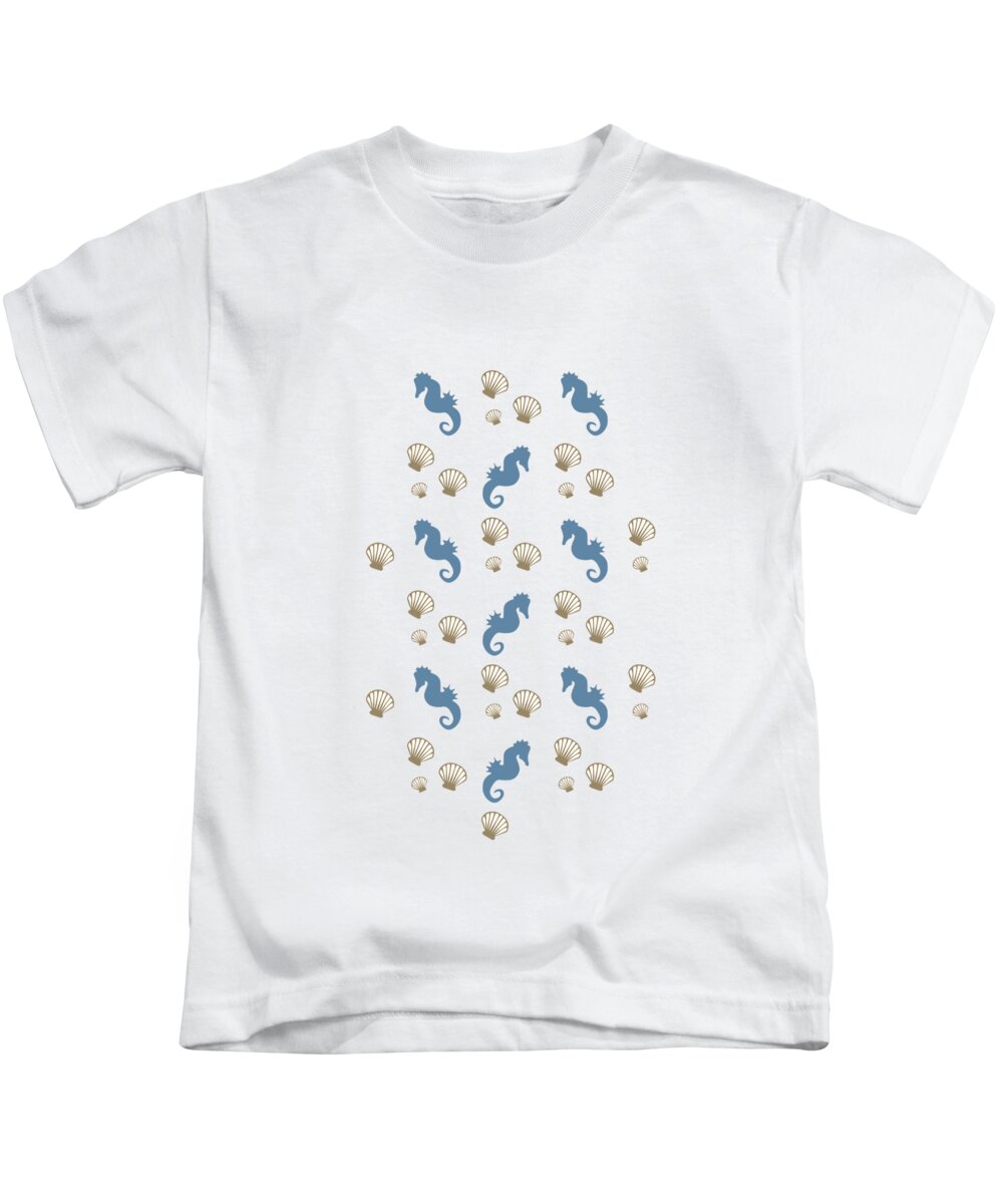 Seahorse Kids T-Shirt featuring the mixed media Seahorse and Shells Pattern Art by Christina Rollo