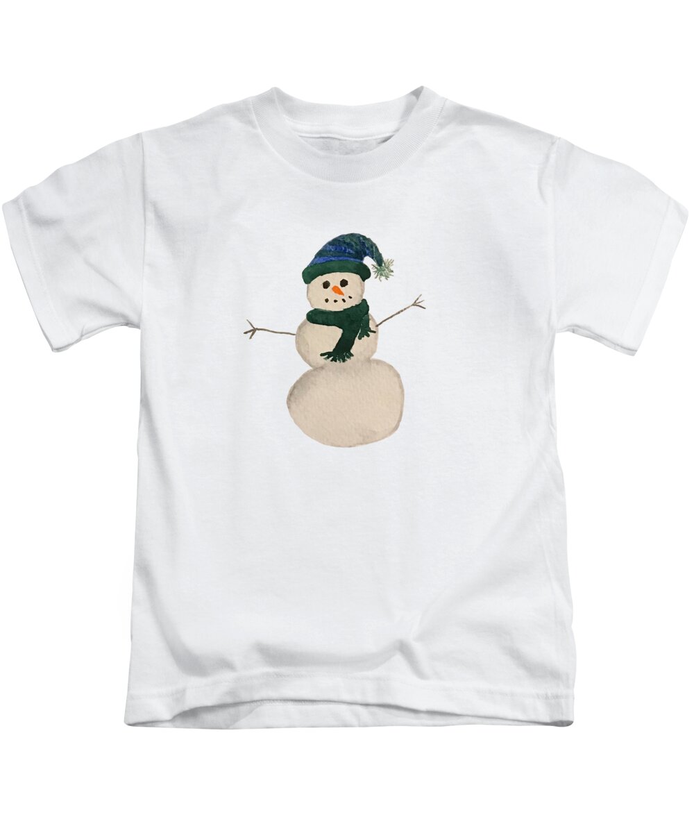 Snowman Kids T-Shirt featuring the painting Snowman with Tassel Hat by Lisa Neuman