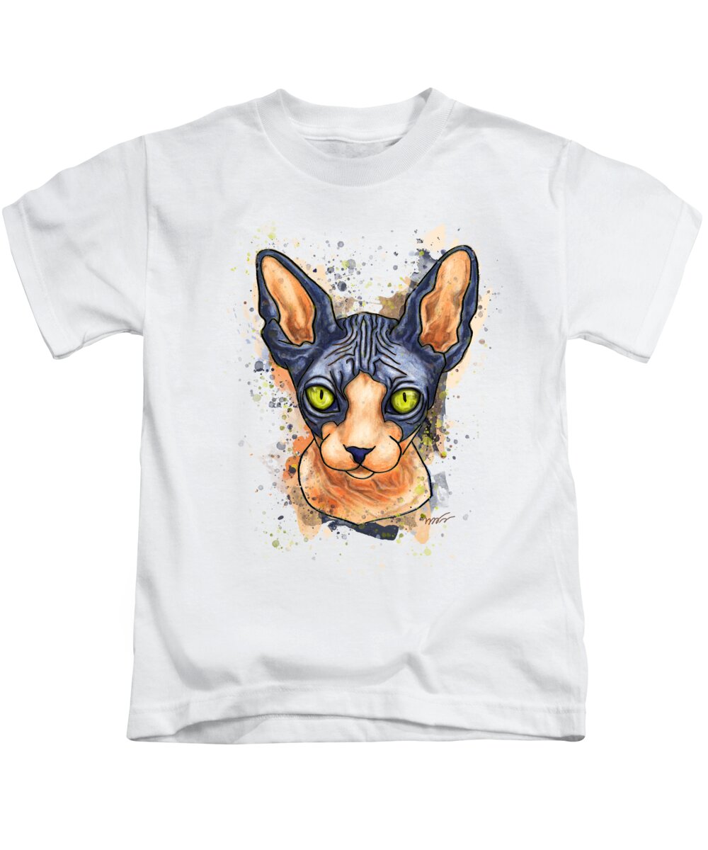 Sphynx Cat Kids T-Shirt featuring the painting Sphynx cat painting, Splatter watercolor sphynx by Nadia CHEVREL
