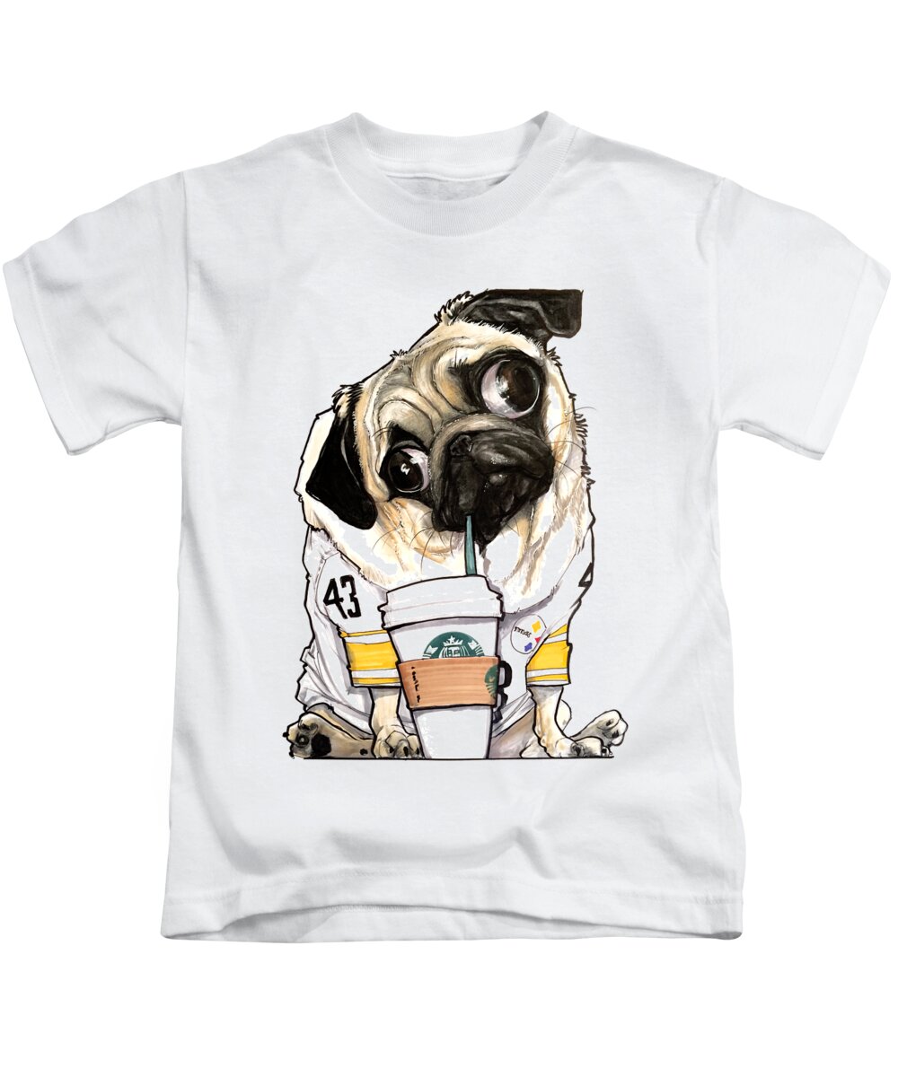Pug Kids T-Shirt featuring the drawing Steelers Starbucks Pug by Canine Caricatures By John LaFree