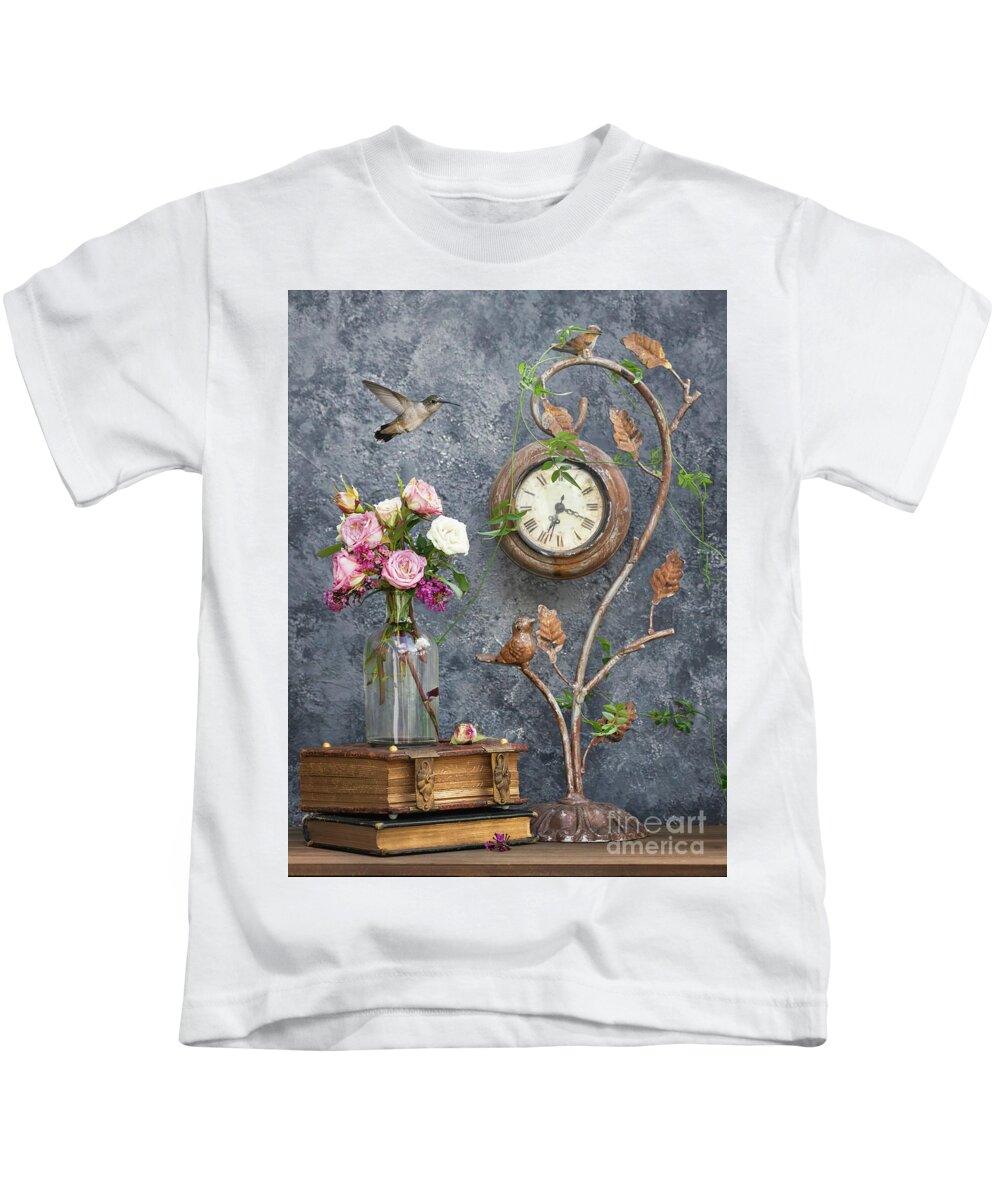 #flower Kids T-Shirt featuring the photograph Still life with a hummingbird by Darya Zelentsova