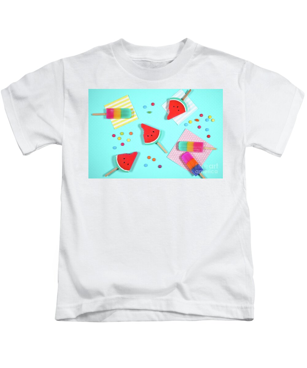 Summer Kids T-Shirt featuring the photograph Summer beach vacation theme flatlay styled with watermelon and ice creams by Milleflore Images