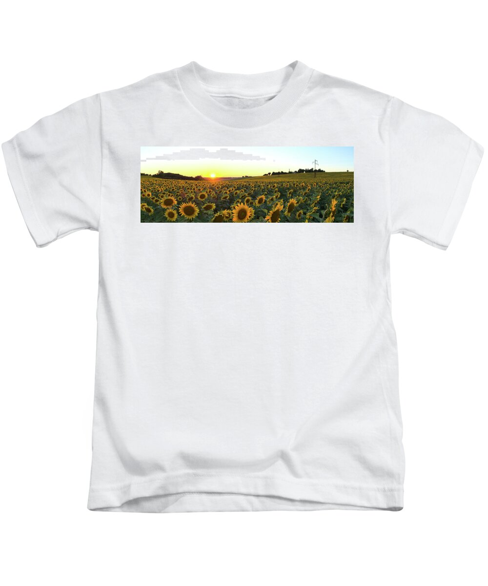 Sunflower Kids T-Shirt featuring the photograph Sunflower field sunset panorama by Sean Hannon