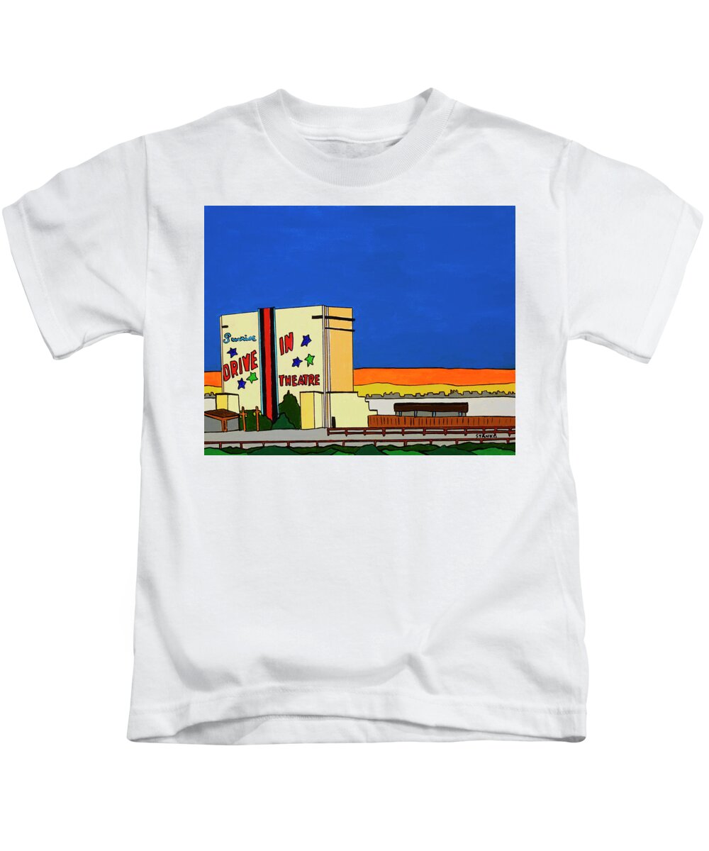 Sunrise Drive-in Valley Stream Movies Kids T-Shirt featuring the painting Sunrise Drive In by Mike Stanko