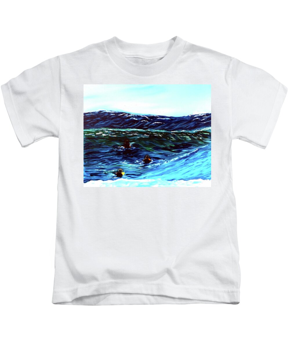 Surfers Kids T-Shirt featuring the painting Surf Riders by Katy Hawk