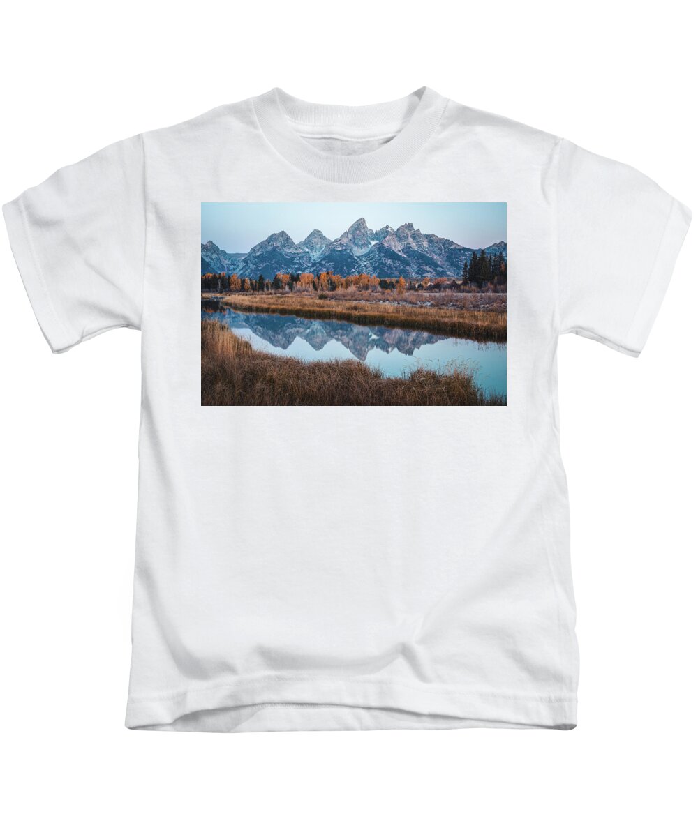 Schwabachers Landing Autumn Reflection Kids T-Shirt featuring the photograph Teton Mountain Reflection In Fall by Dan Sproul