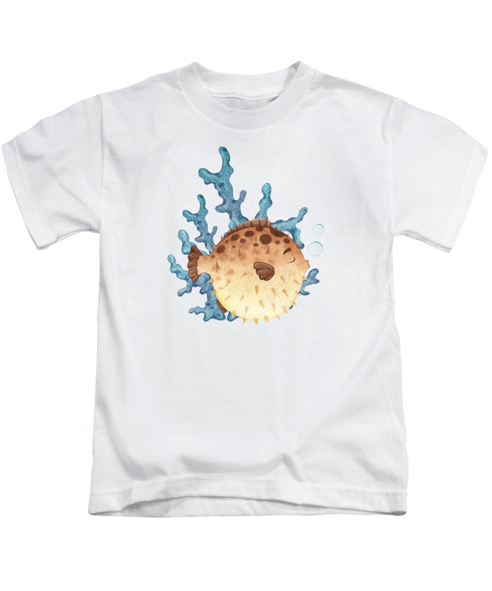 Fish Kids T-Shirt featuring the mixed media The Funny Pufferfish by Johanna Hurmerinta