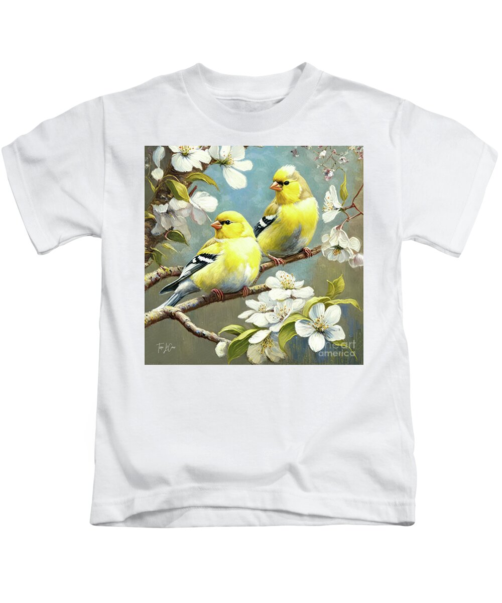 American Goldfinches Kids T-Shirt featuring the painting The Lovely Goldfinches by Tina LeCour