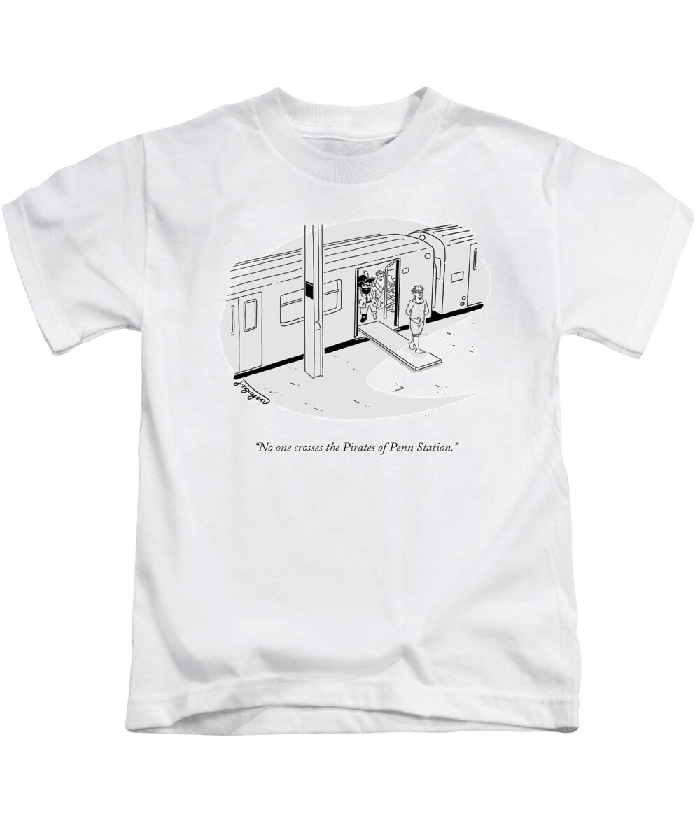No One Crosses The Pirates Of Penn Station. Kids T-Shirt featuring the drawing The Pirates Of Penn Station by Jeremy Nguyen