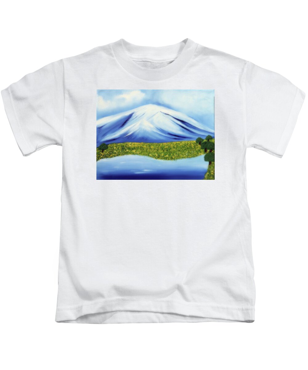 Painting Kids T-Shirt featuring the painting The Secret Lake Below The Mountains by Johanna Hurmerinta