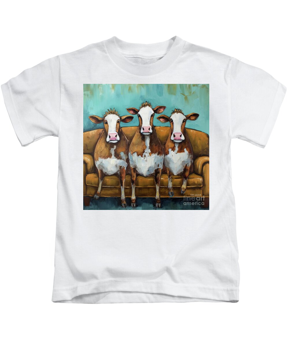 Brown Cows Kids T-Shirt featuring the painting Three Comfy Cows by Tina LeCour