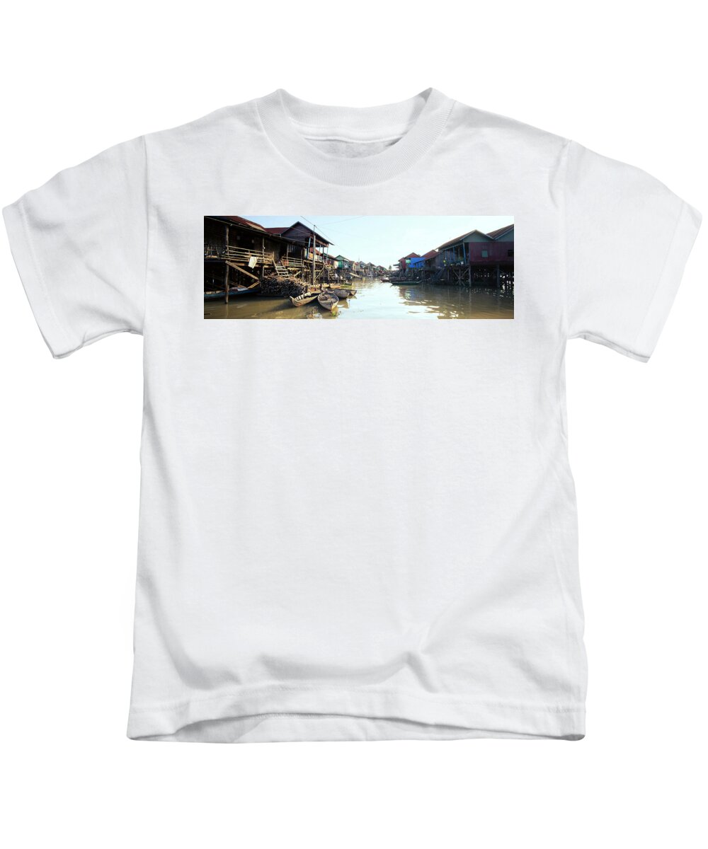 Panoramic Kids T-Shirt featuring the photograph Tonlesap lake cambodia floating village kampong khleang 3 by Sonny Ryse