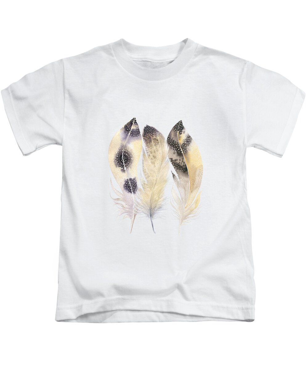 Feathers Kids T-Shirt featuring the mixed media Trio of Golden Watercolour Feathers by Amanda Jane