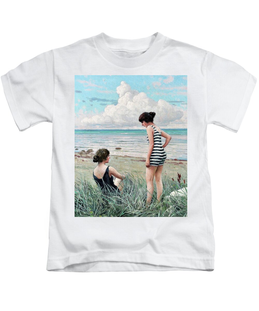 Two Friends Kids T-Shirt featuring the painting Two friends. Beach scene - Digital Remastered Edition by Paul Gustav Fischer