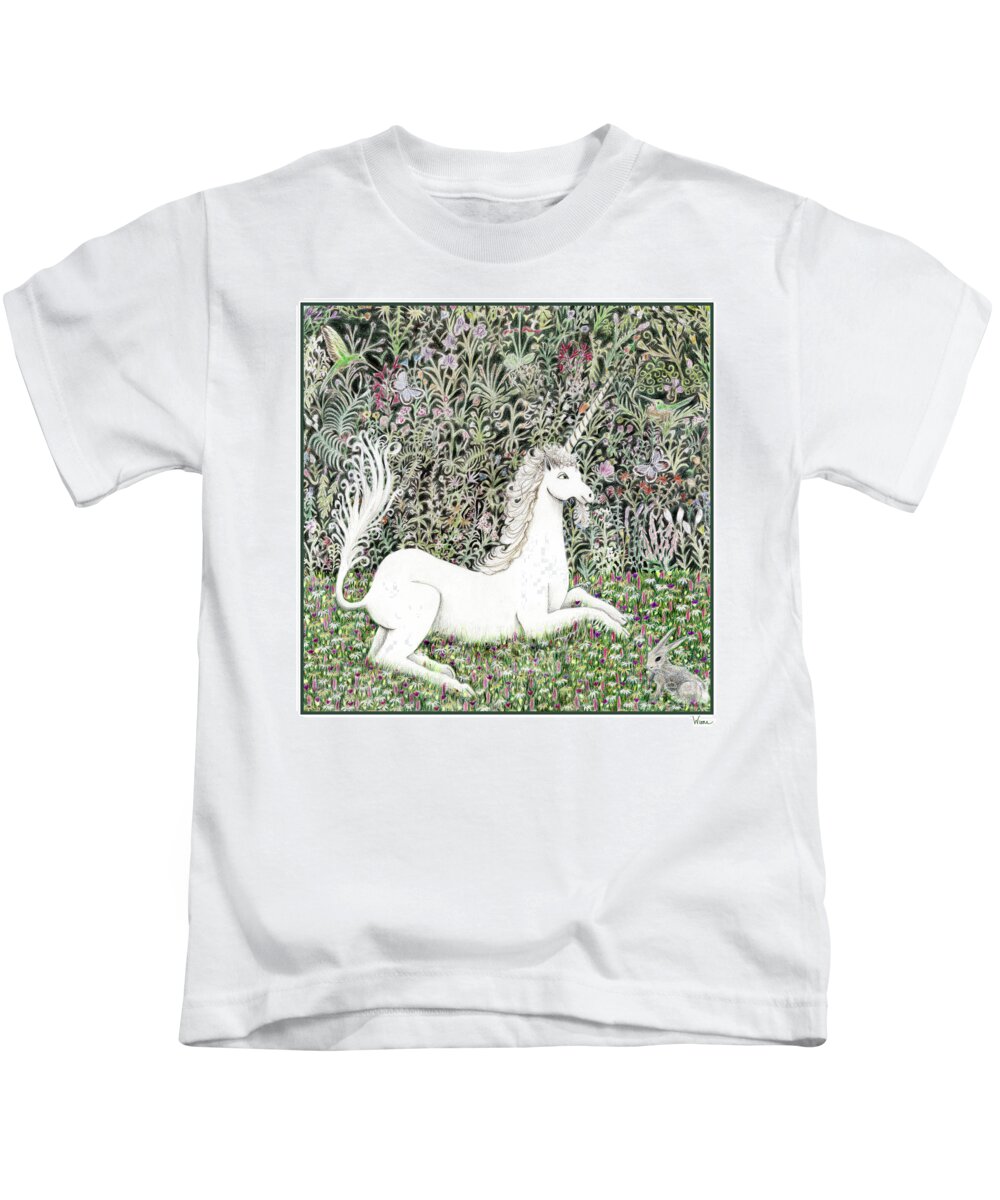 Unicorn Kids T-Shirt featuring the painting Unicorn with Bunny, Butterflies and Hummingbirds in the Millefleurs by Lise Winne