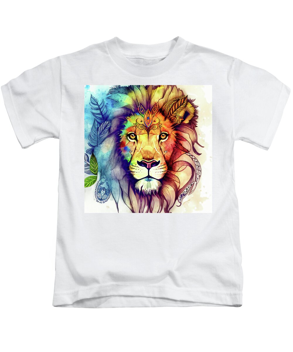 Lion Kids T-Shirt featuring the digital art Watercolor Animal 02 Lion Portrait by Matthias Hauser