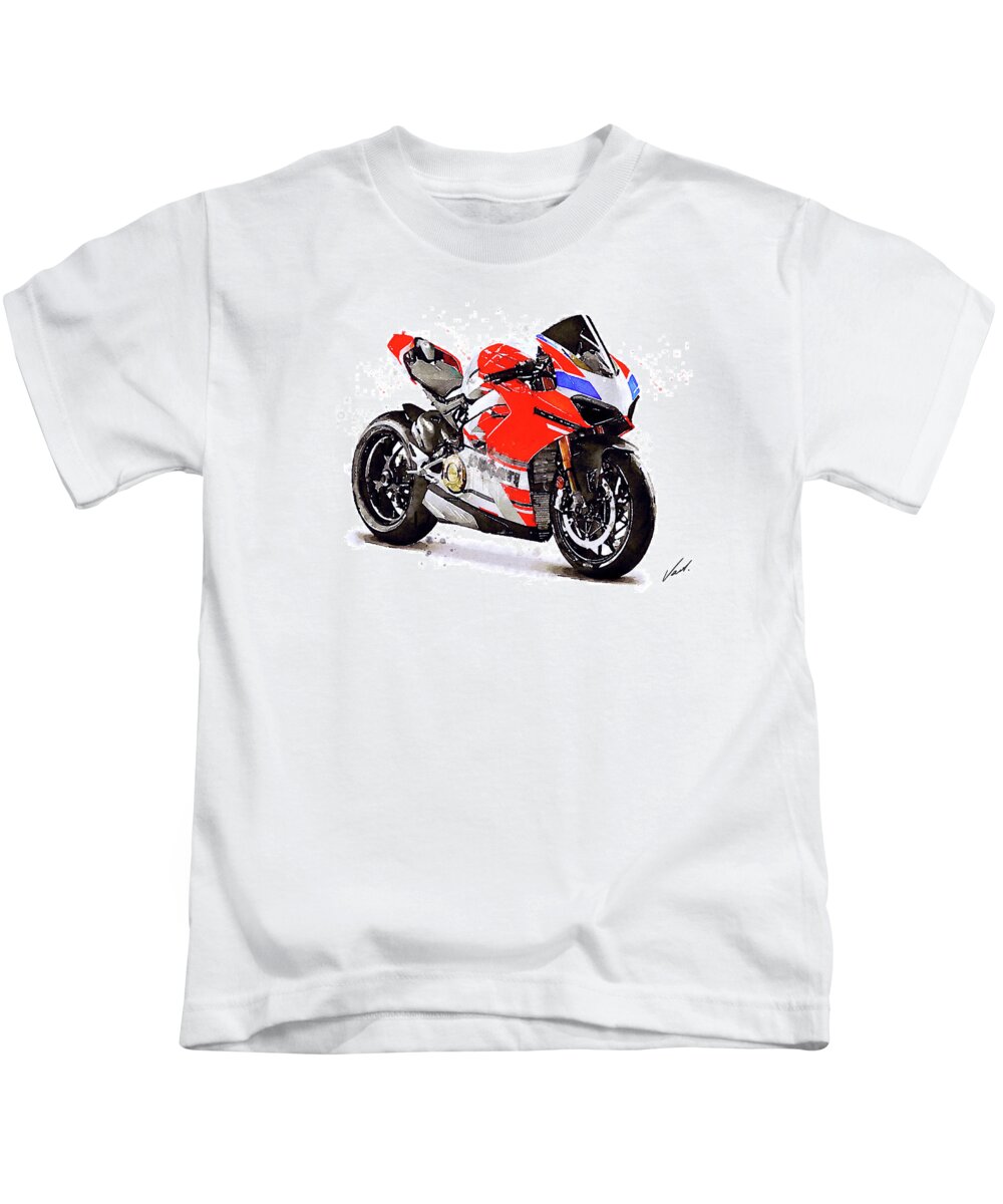 Sport Kids T-Shirt featuring the painting Watercolor Ducati Panigale V4S motorcycle, oryginal artwork by Vart by Vart Studio
