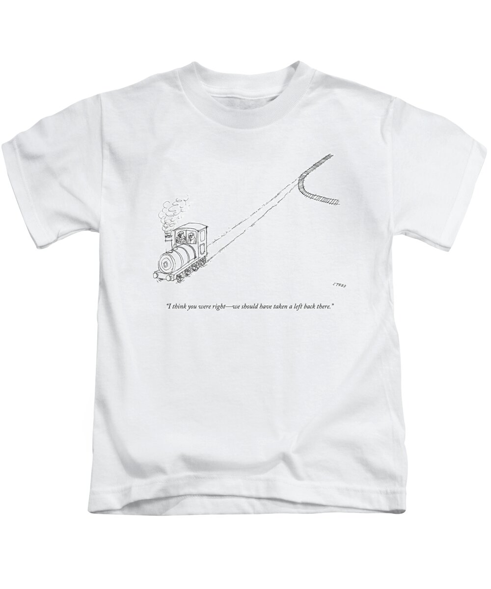 i Think You Were Rightwe Should Have Taken A Left Back There. Derail Derails Kids T-Shirt featuring the drawing We Should Have Taken A Left by Edward Steed