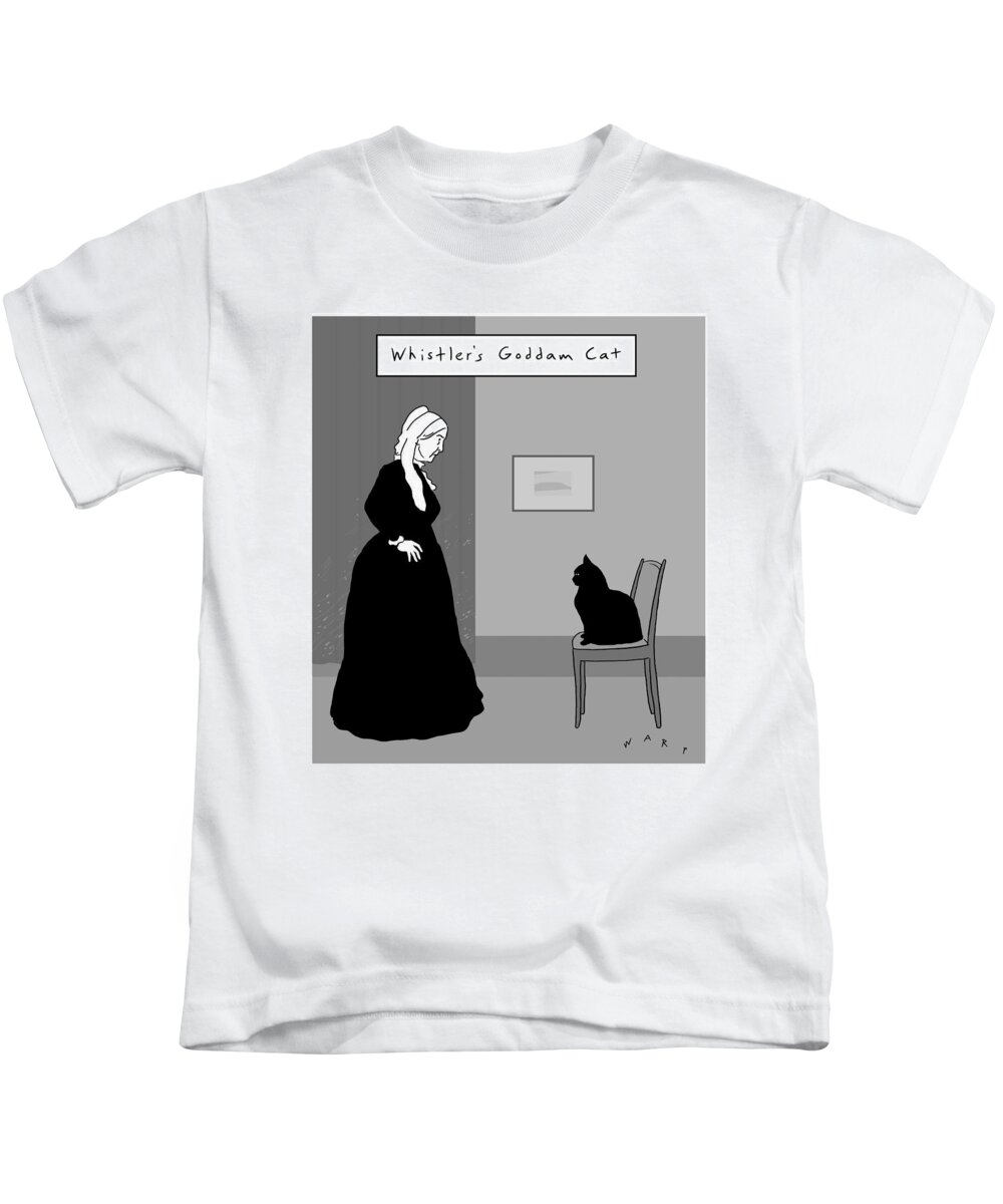 Captionless Kids T-Shirt featuring the drawing Whistler's Goddam Cat by Kim Warp