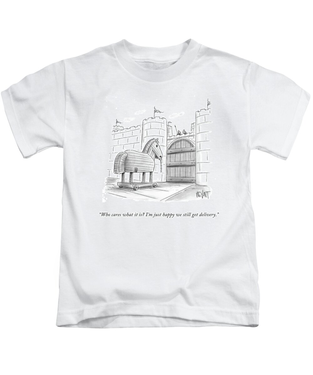 Who Cares What It Is? I'm Just Happy We Still Get Delivery. Kids T-Shirt featuring the drawing Who Cares What It Is? by Christopher Weyant