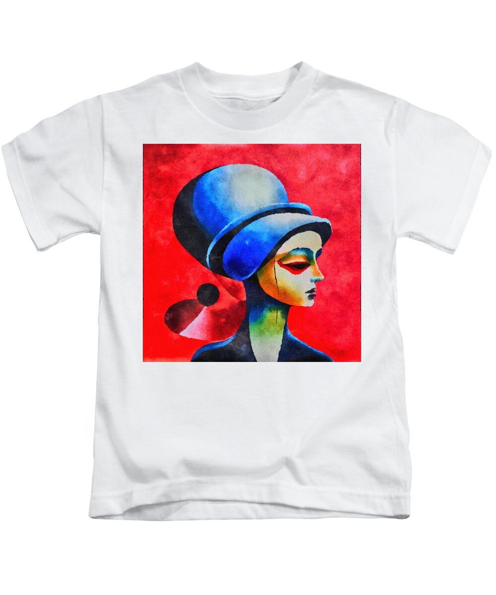 Woman In Blue Hat Kids T-Shirt featuring the mixed media Woman in Blue Hat 1 by Ann Leech