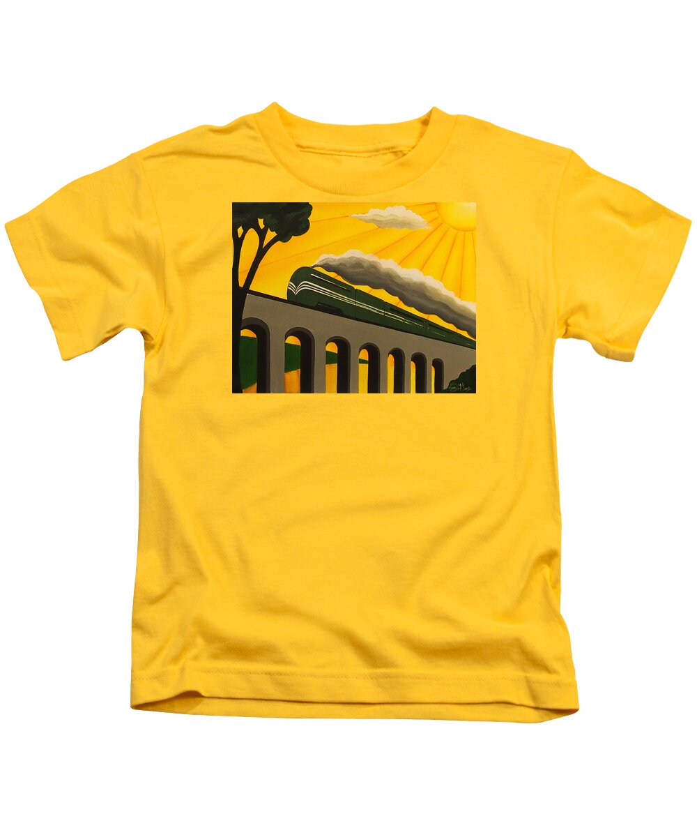 Art Kids T-Shirt featuring the painting Art deco train poster by Emma Childs