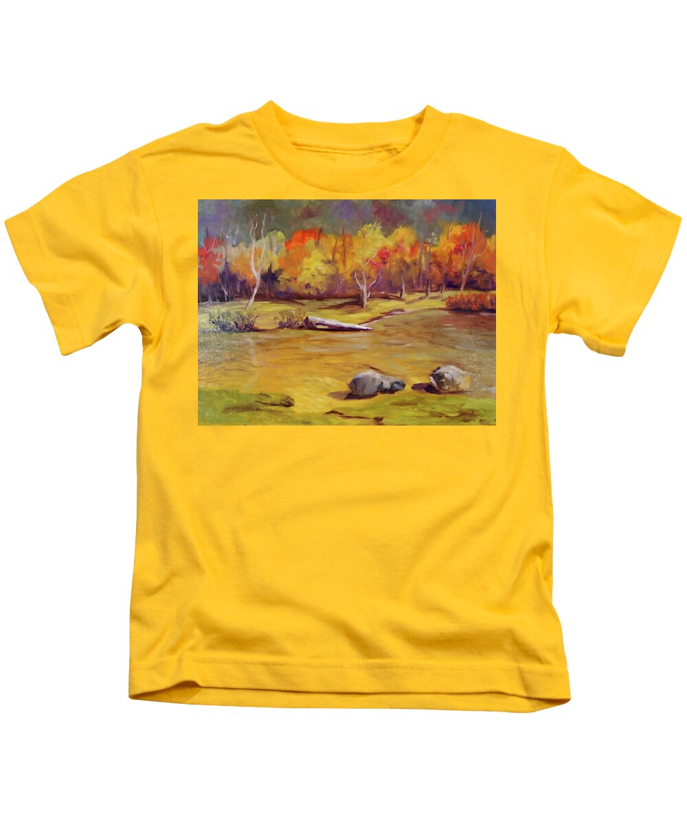 Saco River Kids T-Shirt featuring the painting Autumn Fire by Sharon E Allen