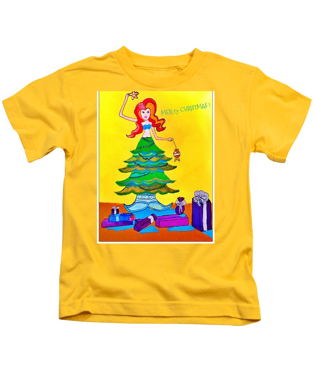 Christmas Mermaid Kids T-Shirt featuring the painting Mer-ry Christmas Mermaid Tree  by Pamela Smale Williams