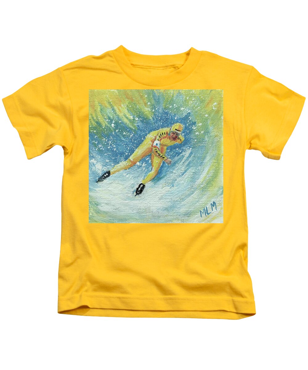 Yellow Kids T-Shirt featuring the painting Olympic Speed Skater by ML McCormick