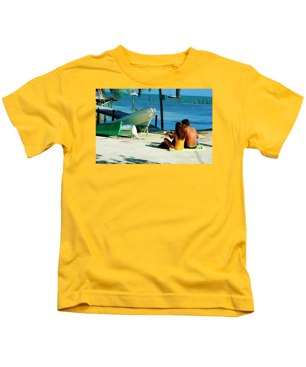 Belize Kids T-Shirt featuring the digital art Sharing a coconut on Caye Caulker, Belize by Waterdancer
